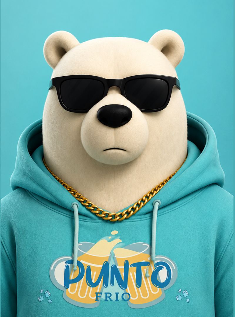 Oso polar de Punto Frío con lentes oscuros, cadena dorada y sudadera turquesa con el logo